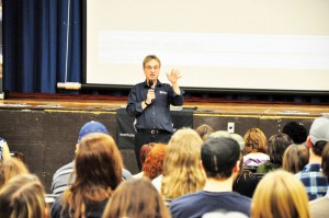 Alex Andronache speaking with students in Barry's Bay