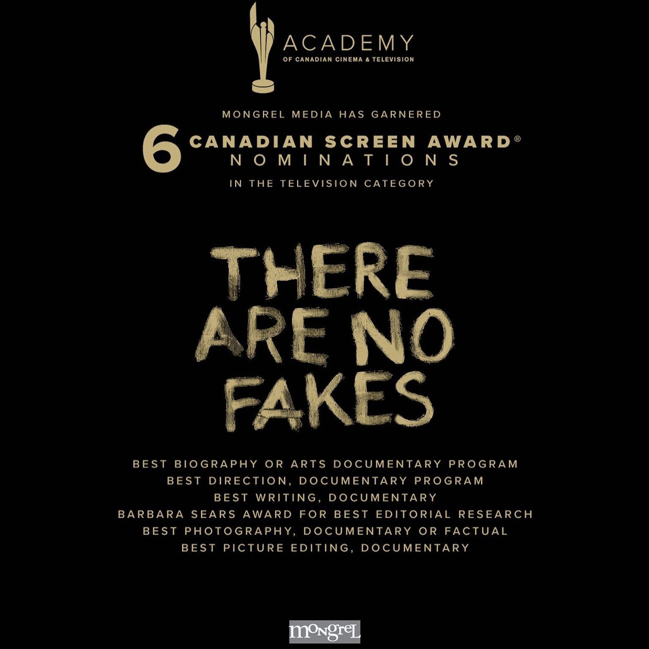 There Are No Fakes Canadian Screen Academy Award Nominations